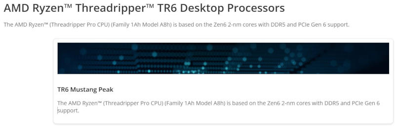 AMD опубликовала предварительную информацию о Ryzen Threadripper TR6 Mustang Peak