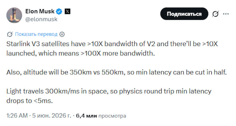 Илон Маск заговорил о 100 000 аппаратов Starlink на орбите — чтобы ускорить спутниковый интернет в 100 раз