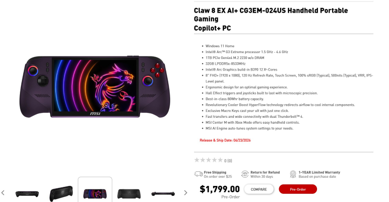 MSI оценила портативную приставку Claw 8 EX AI+ на чипе Arc G3 Extreme в 99