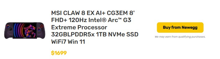 MSI оценила портативную приставку Claw 8 EX AI+ на чипе Arc G3 Extreme в 99