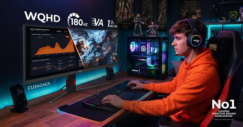 AOC представила два 34-дюймовых сверхширокоугольных изогнутых игровых VA-монитора с разрешением 3440 × 1440 пикселей и частотой до 250 Гц
