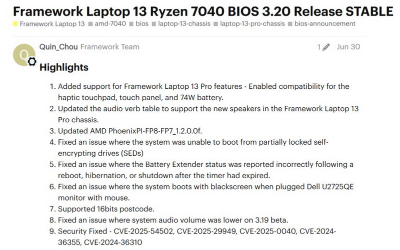 Framework подтвердила, что её Laptop 13 на Ryzen 7040 может окирпичиться после обновления BIOS